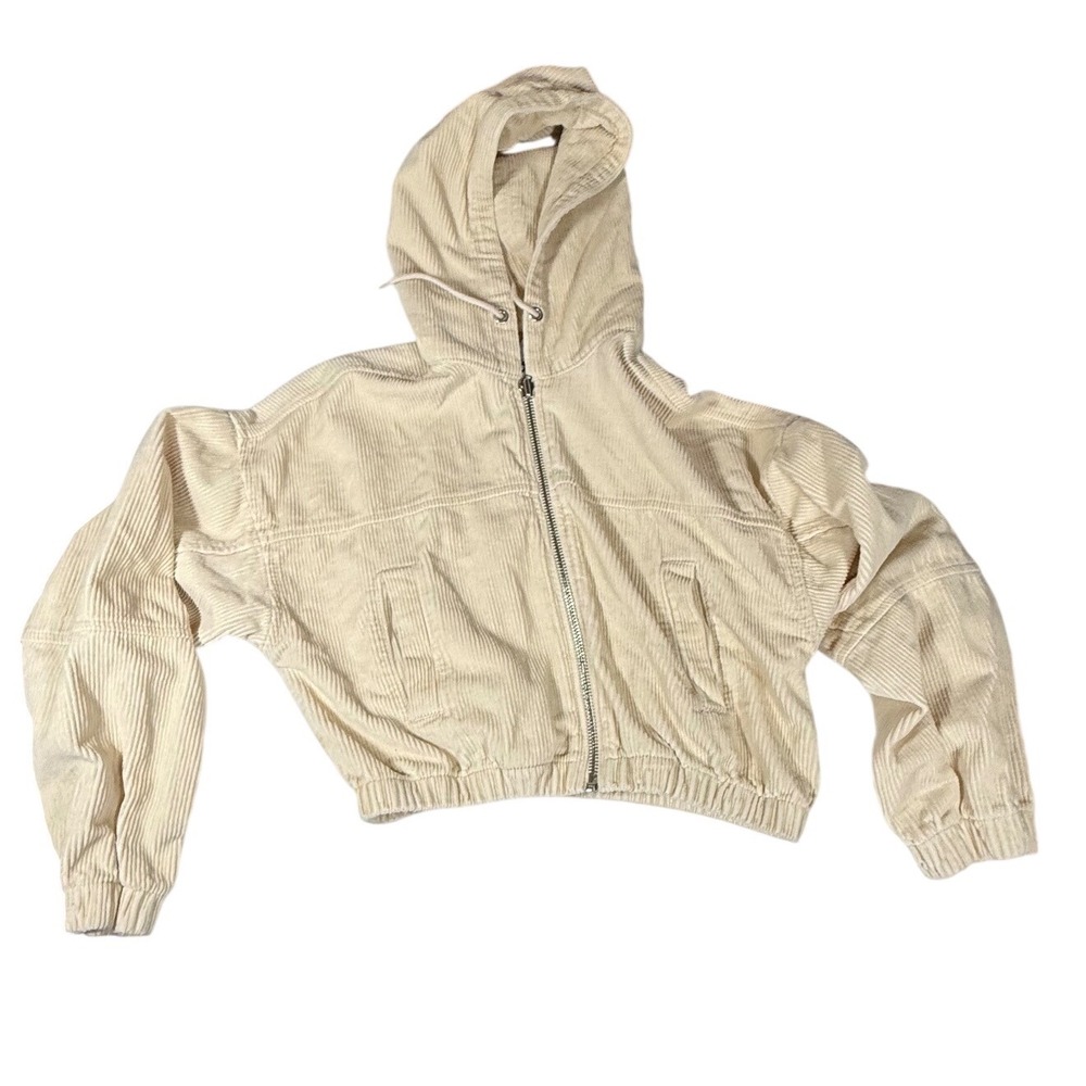 BDG Urban Outfitters Corduroy Hooded Jacket Womens S Ivory Cropped Bomber Zip